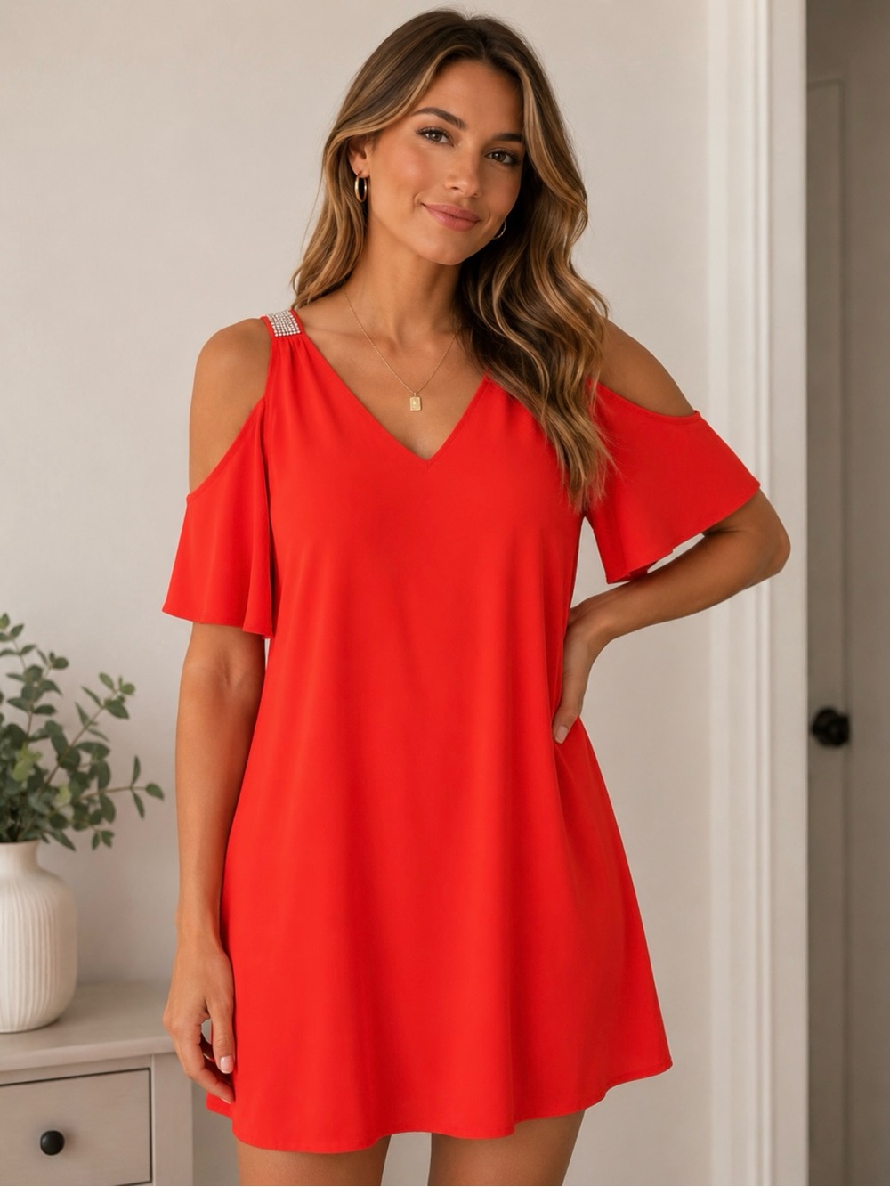 V-Neck Red Midi Dress with Embellished Shoulders